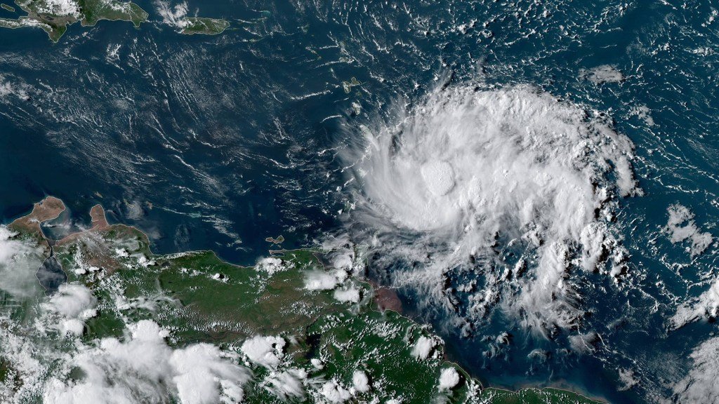 A satellite photo of Tropical Storm Dorian as it gains strength off the coast of South America. (Photo courtesy of NOAA.)