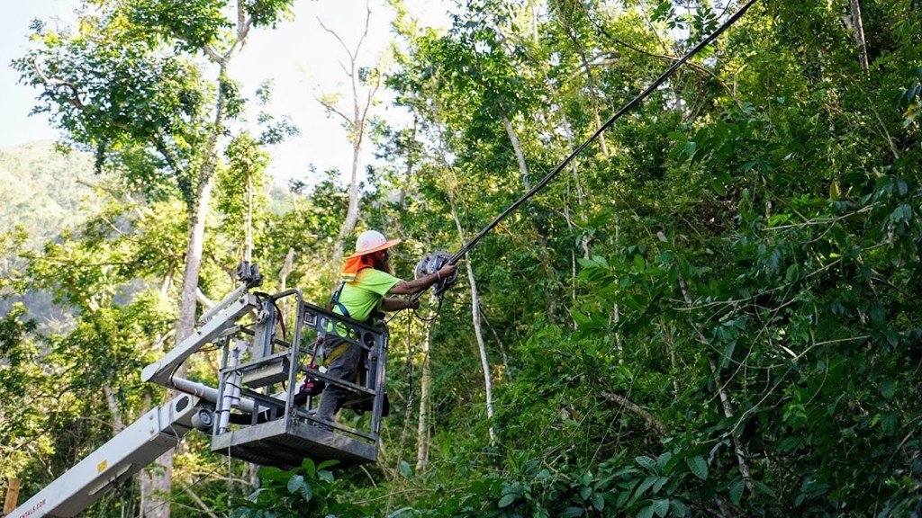Power technicians work on downed lines in Puerto Rico after Hurricane Maria, which crippled the island's power system. The long-term power outage was linked to thousands of deaths on the island, including of patients without access to medical treatments like dialysis or oxygen that require electrical power. (Photo by Erika Rodriguez for Direct Relief)