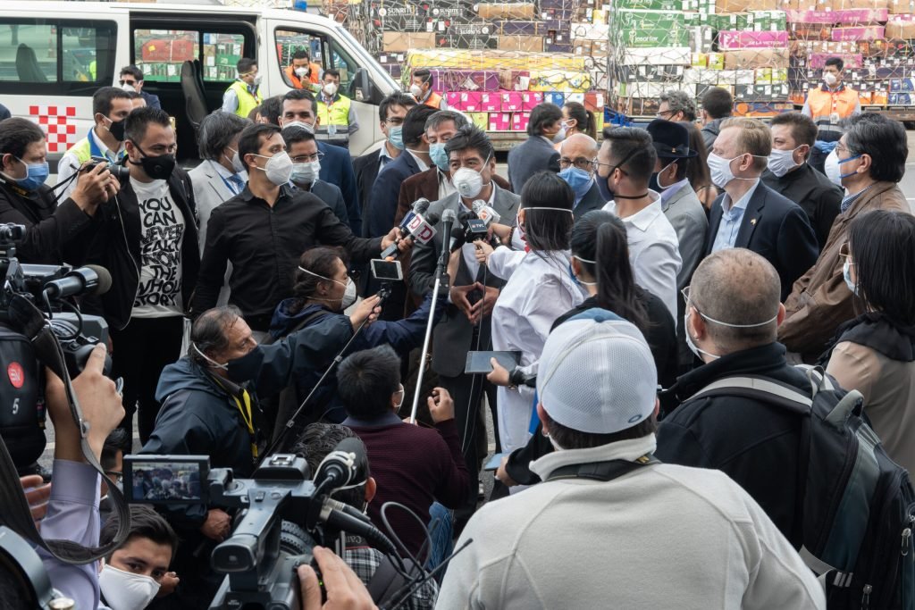 Dr. Jorge Yunda in Quito airport during a press conference and signing the delivery of health equipment donations from Direct Relief that arrived to the county on June 4th 2020 to mitigate the impact of Covid-19 emergency in Ecuador.