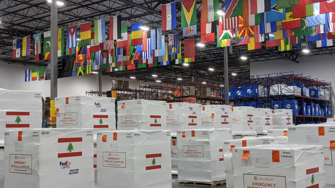 More than 170 pallets of medical aid were staged in Direct Relief's warehouse on August 17, 2020, for medical facilities in Beirut, Lebanon. The infusion of medical aid was the first in a series and contained personal protective equipment and requested essential medicines for health facilities responding after an explosion ripped through the city, resulting in casualties and significant strain on the medical system.