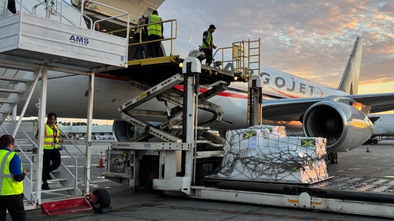 Pallets load into a cargo plane